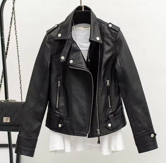 New Fashion Women Girls PU Leather Biker Jacket Spring Autumn Long Sleeve Casual Slim Solid Color Zipper Casual Coat Jacket