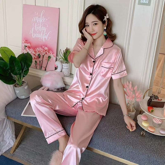 Satin Silk FREESIZE Pajama Set Women's Ice Silk Summer Sexy Thin Short Sleeves Home wear Two-piece Set